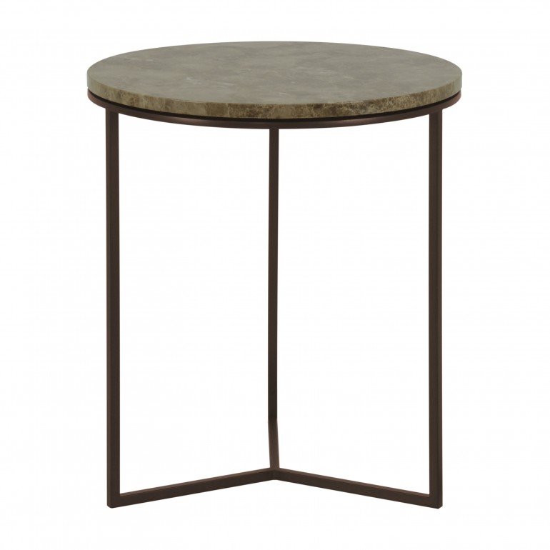 Italian round lamp table, marble top lamp table, powder coated dark metal base and light Emperador marble top in Italian contemporary style