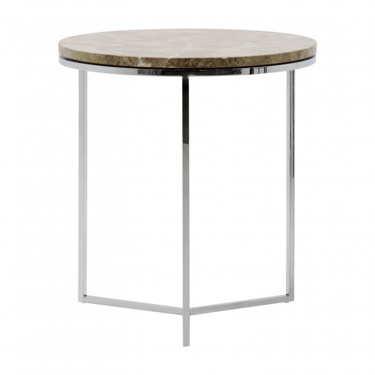 Round marble top lamp table with chromed metal base, modern and contemporary Italian design, light Emperador marble top