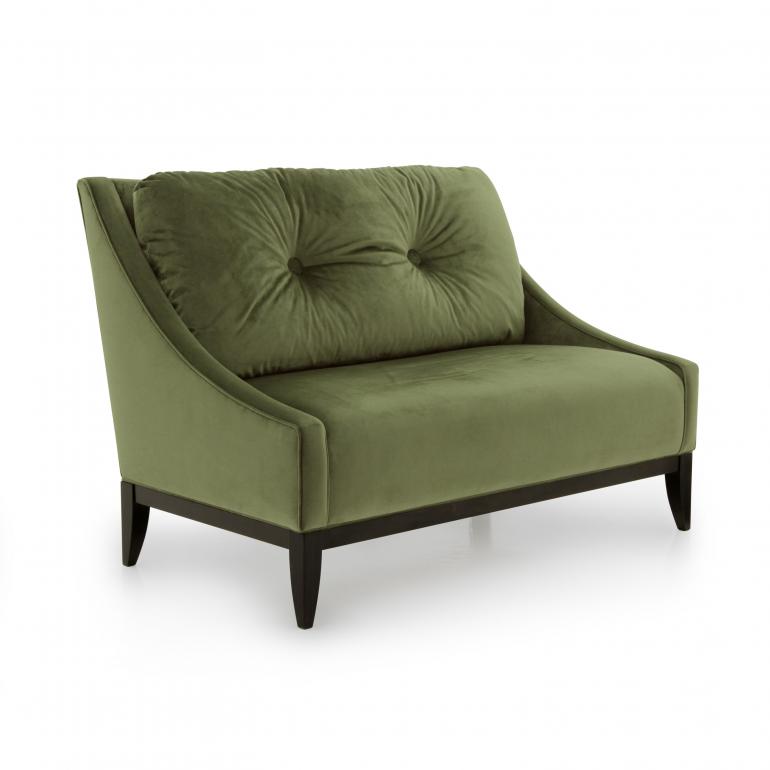Contempoary Italian love seat in green velvet, 2 seater sofa with large back rest cushion 