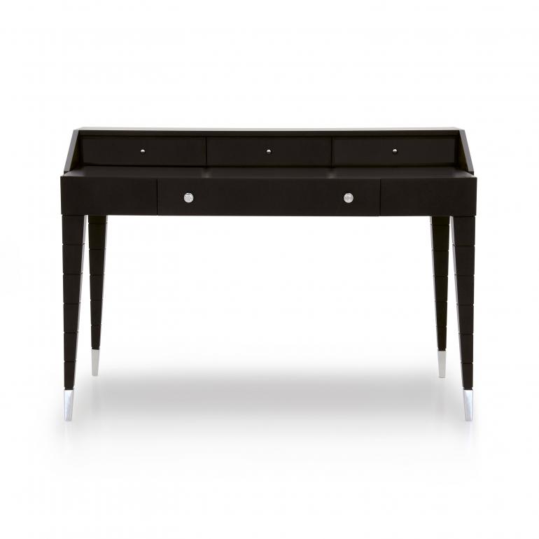 Italian contemporary writing desk with 4 drawers, writing desk in wengè finish with chromed metal tip legs