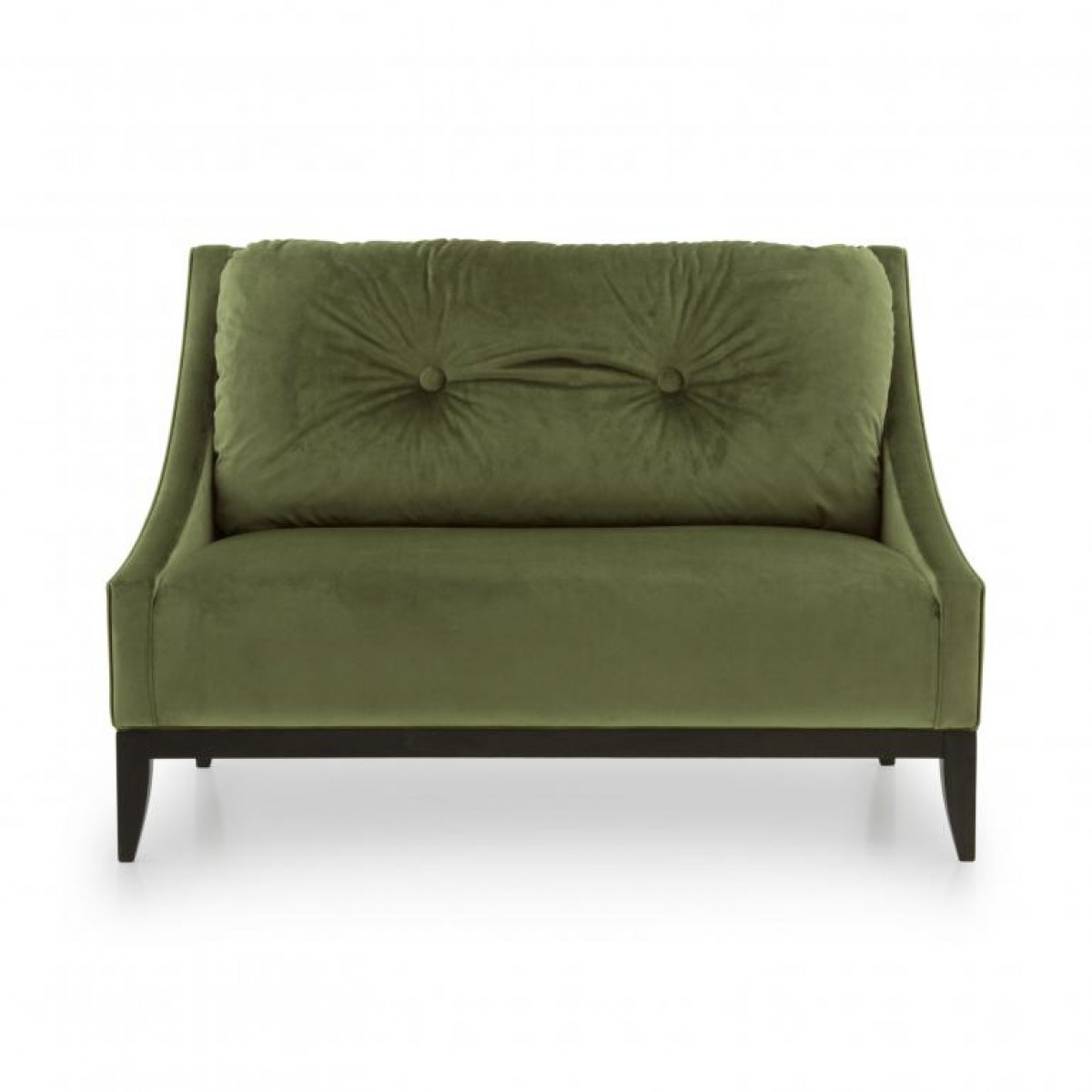 Contempoary Italian love seat in green velvet, 2 seater sofa with large back rest cushion 