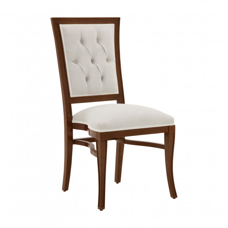Italian classic chair Amelia by Sevensedie, stackable chair, solid Beech wood frame stained in walnut tone, upholstered in cream velvet with deep button back