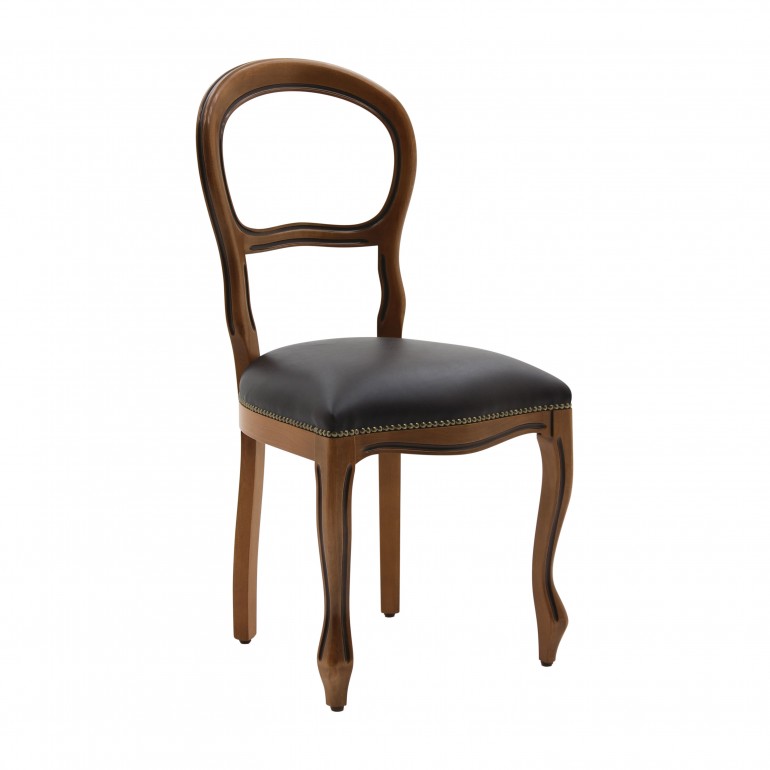 Classic replica Louis style chair chair Bella by Sevensedie - solid beech wood frame - elegant open back - lacquered in a classic walnut finish -  black hi quality leather seat