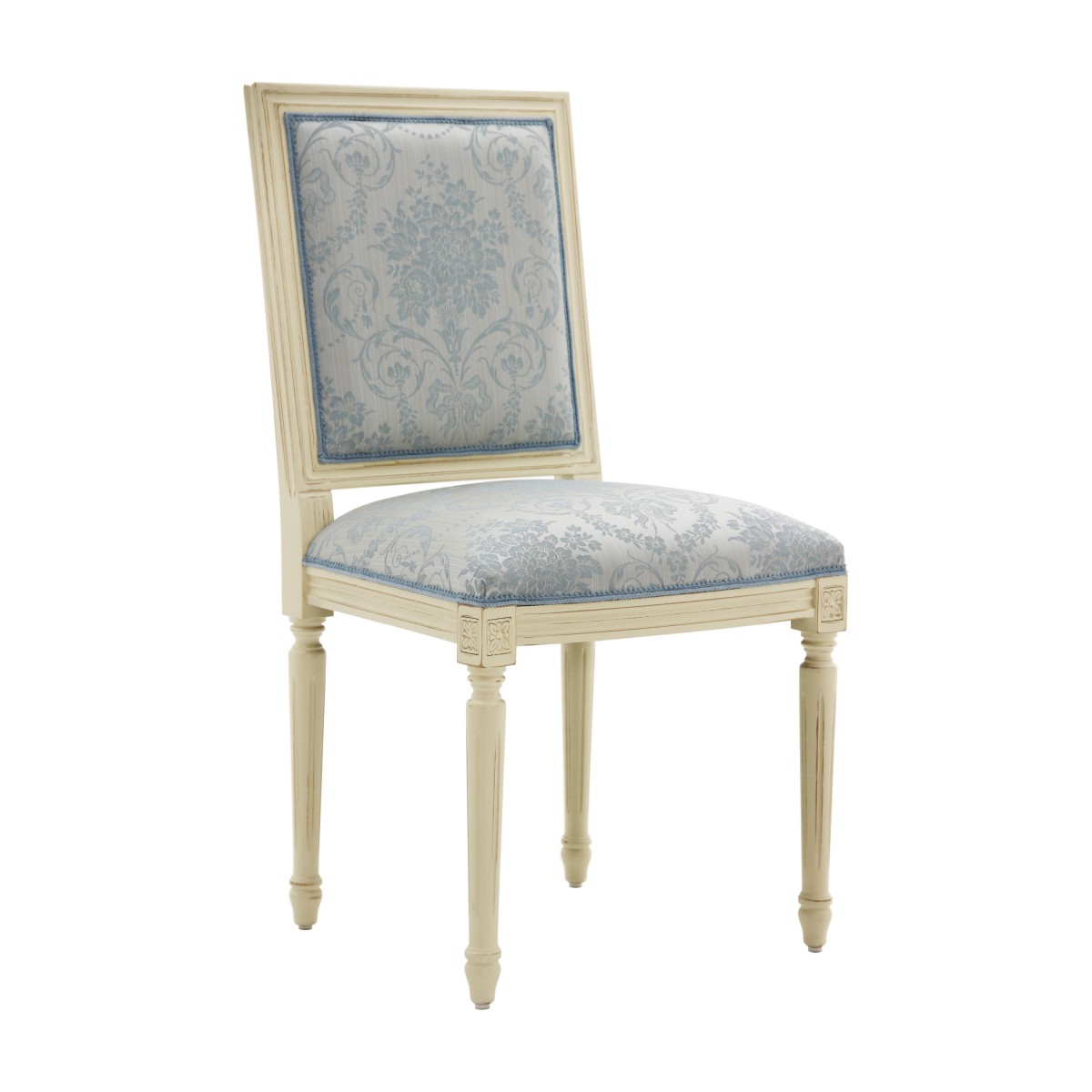 Louis style replica restaurant chair Luigi by Sevensedie - solid beech wood frame - comfortable padded back - Polished in vintage distressed cream - trimmed with welt -  upholstered with a silk effect, light blue, pattern fabric