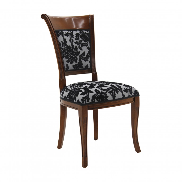 Classic chair Ricciolo by Sevensedie - solid beech wood frame - polished in a vintage dark Bassano finish - upholstered with a pattern fabric with an abstract floral design