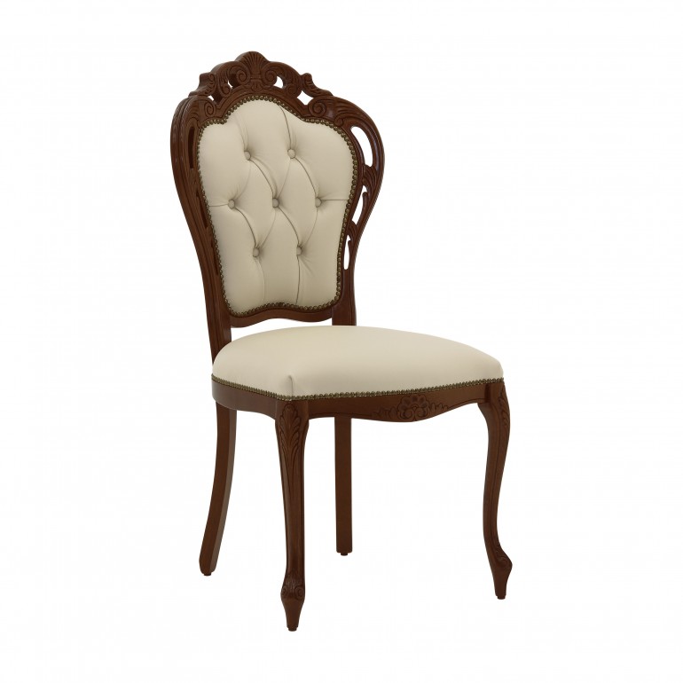 Classic italian chair Traforata by Sevensedie - solid beech wood frame - Tufted back with deep buttons - Polished in a walnut color- Upholstery in real leather 