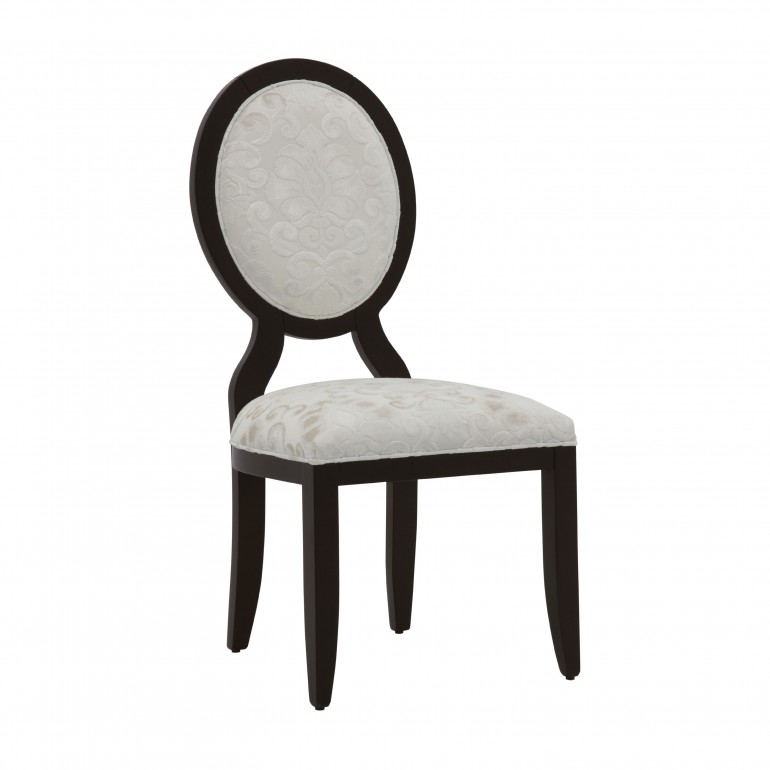 Contemporary Anello stackable restaurant chair by Sevensedie - solid beech wood frame - padded back - lacquered in an elegant moka finish - upholstered in an exclusive damask cream fabric