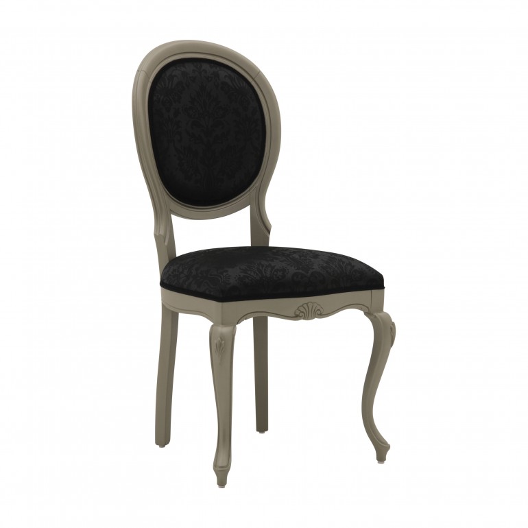 Classic hotel chair Evia by Sevensedie - solid beech wood frame - polished in silver finish - with padded back - upholstered in a black  damask fabric - trimmed with color coordinated welt 