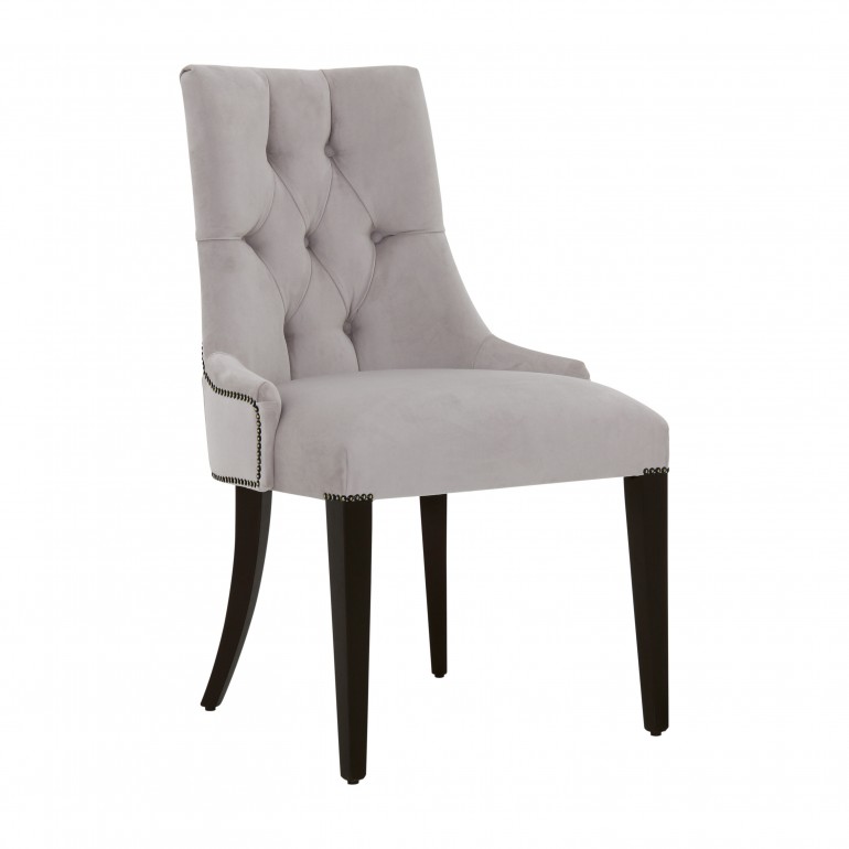 Restaurant chair Olimpia by Sevensedie -  beech wood frame -  tufted back rest - Polished in an elegant moka inish  - Upholstered in an plain ice velvet - trimmed with metal shaded nails 