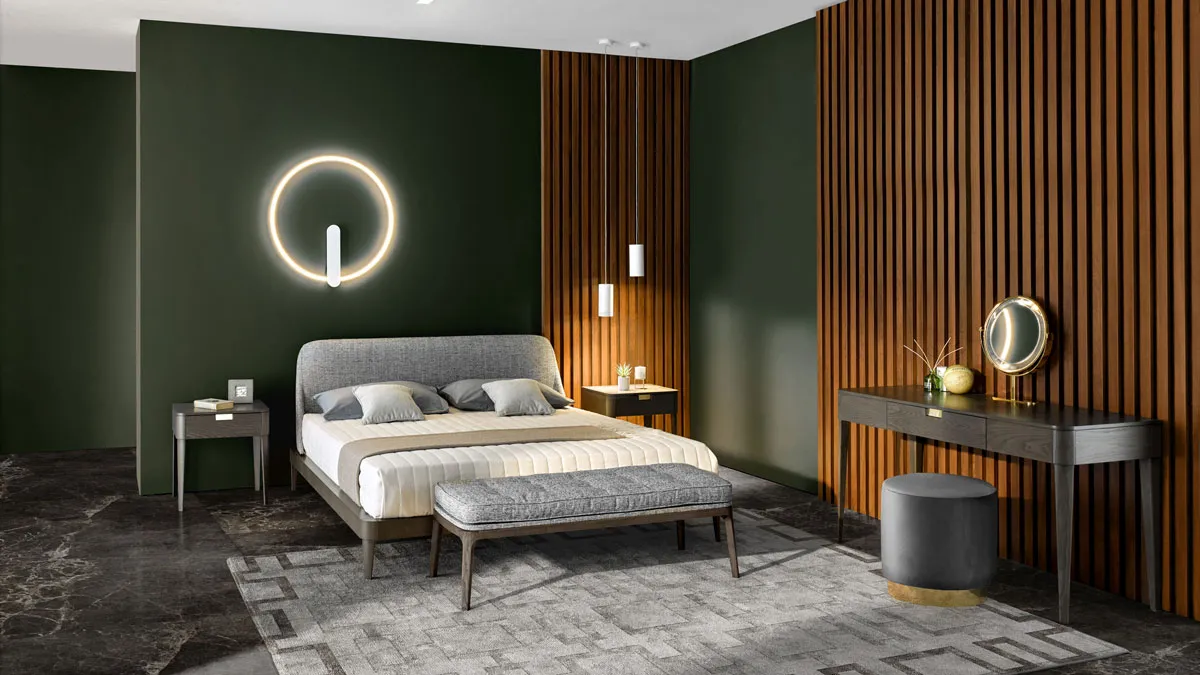 Classic contemporary bedroom, modern italian double bed with wooden bedside cabinets, dressing table with revolving gold plated mirror