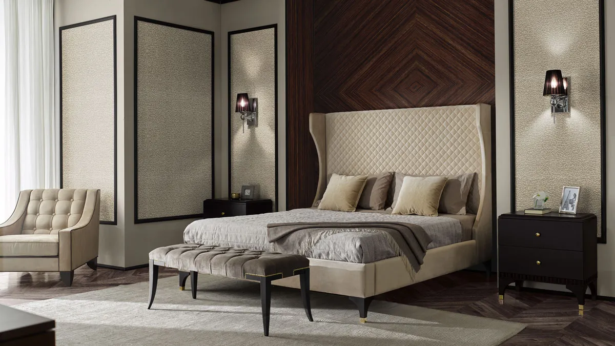 Classic contemporary italian bedroom. Elegant double bed with quilted headborad and macthing bedside cabinets