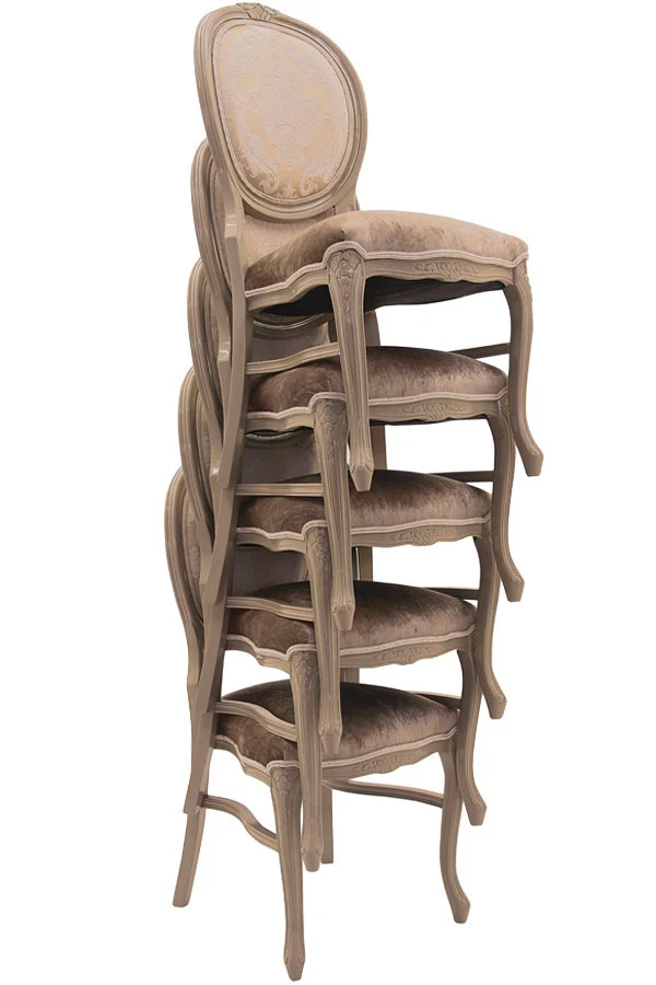 Set of five stackable classic dining chairs with a wooden structure, finished in glossy beige lacquer and featuring velvet upholstered seats