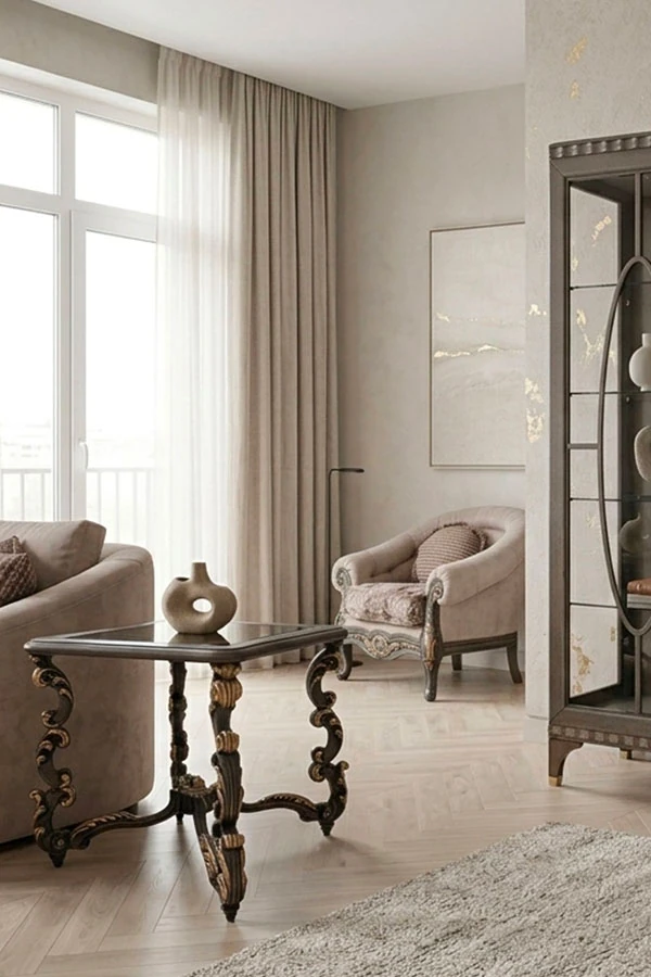 A small Baroque-style sofa. In front of it is a small, rectangular, classic-style wooden coffee table with inlaid wooden legs. To the right is a contemporary-style cabinet.