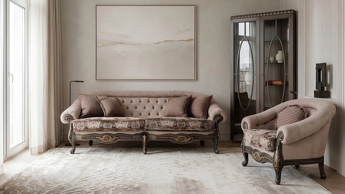 A two-seater sofa and a vintage beige armchair in the Baroque style with a carved wooden frame. In the corner, a solid-wood cabinet with two glass doors in a contemporary style.