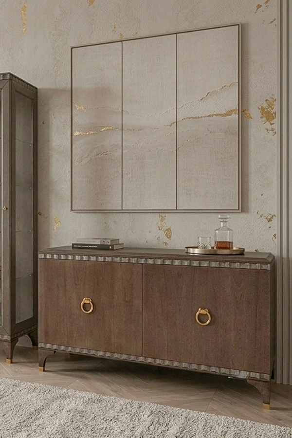 A contemporary sideboard made of hand-carved wood, featuring two doors and two gold-plated handles. On top is a contemporary-style marble slab.