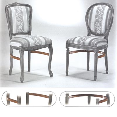 Two restaurant chairs: the one at the left is reinforced  with side stretchers, the one at the right is reinforced with U stretchers