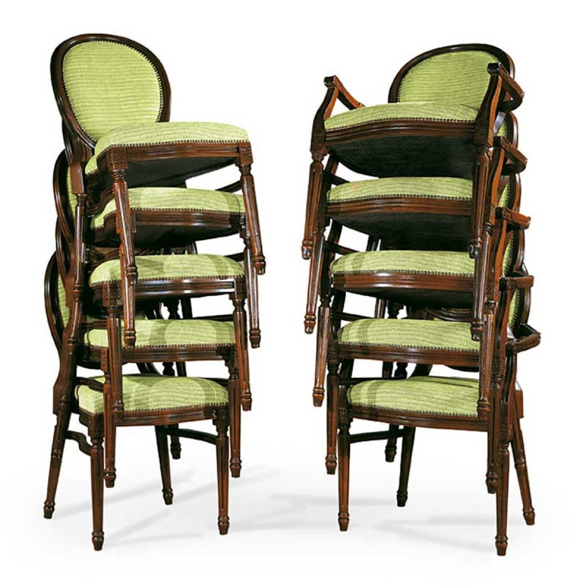 Classic Louis XVI replica stackable chairs and armchairs with side stretchers, upholstered in light green fabric, made in Italy by Sevensedie.