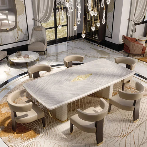 Set da pranzo di lusso con tavolo oblungo in frassino accompagnato da sei sedie in pelle