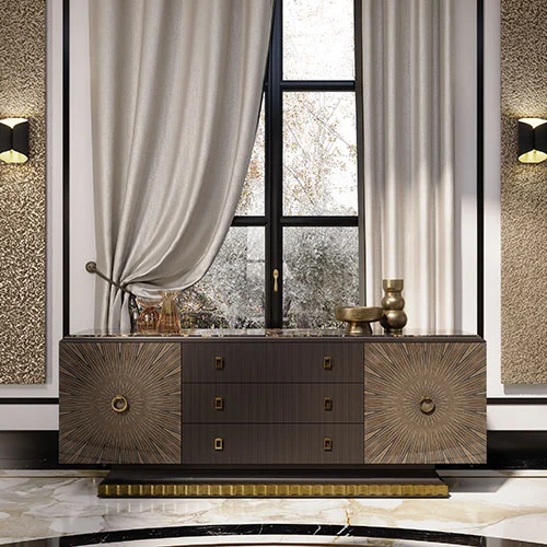 Credenza di lusso in Ebony Macassar con piano in marmo Portoro Gold e cassetti cannettati