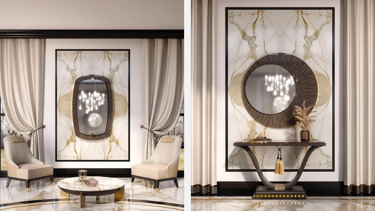 set d’interni contemporaneo di lusso composto da una console laccata nera con dettagli in foglia oro antico, piano in marmo Portoro e nappe in tessuto, abbinata a un elegante specchio rotondo con cornice in ebano Macassar, insieme a due poltrone in velluto beige e pelle con uno specchio ovale di design con cornice in ebano Macassar.